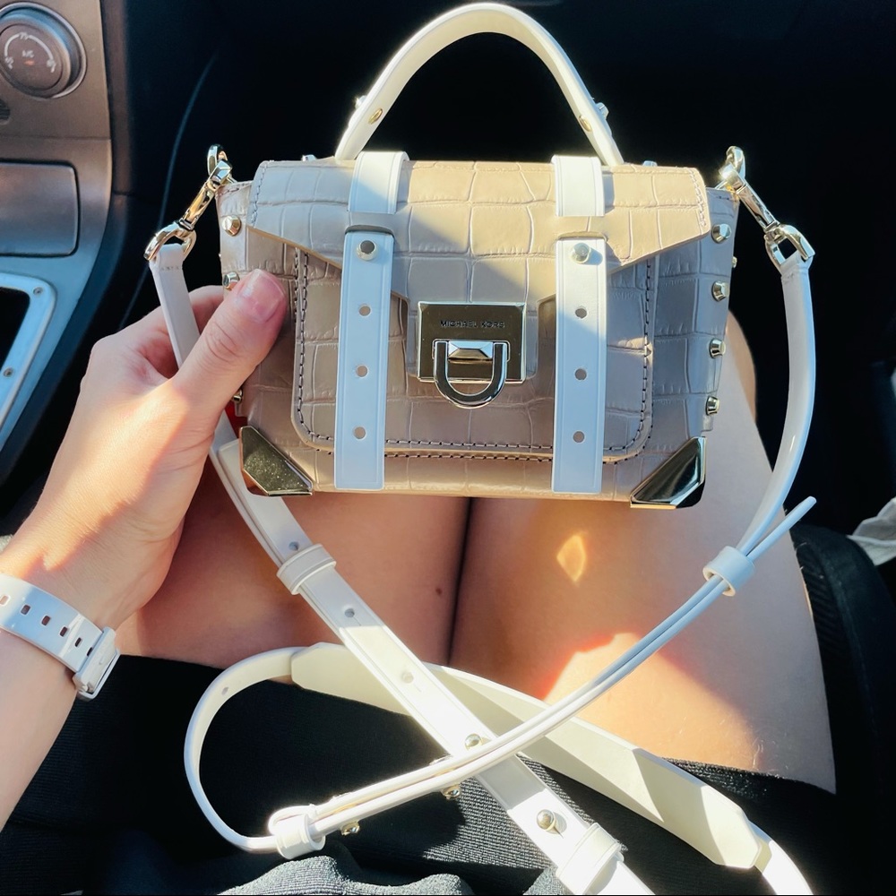 MK Bicolor Leather Crossbody Tan Gold Mini Rigid Purse